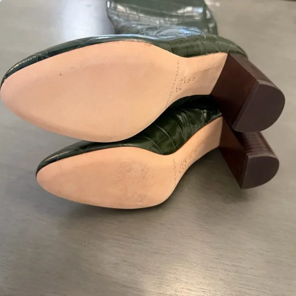 Loeffler Randall Tall Goldy Leather Croc Forest Green Heel Knee Boot Pull On 6 - Picture 12 of 14